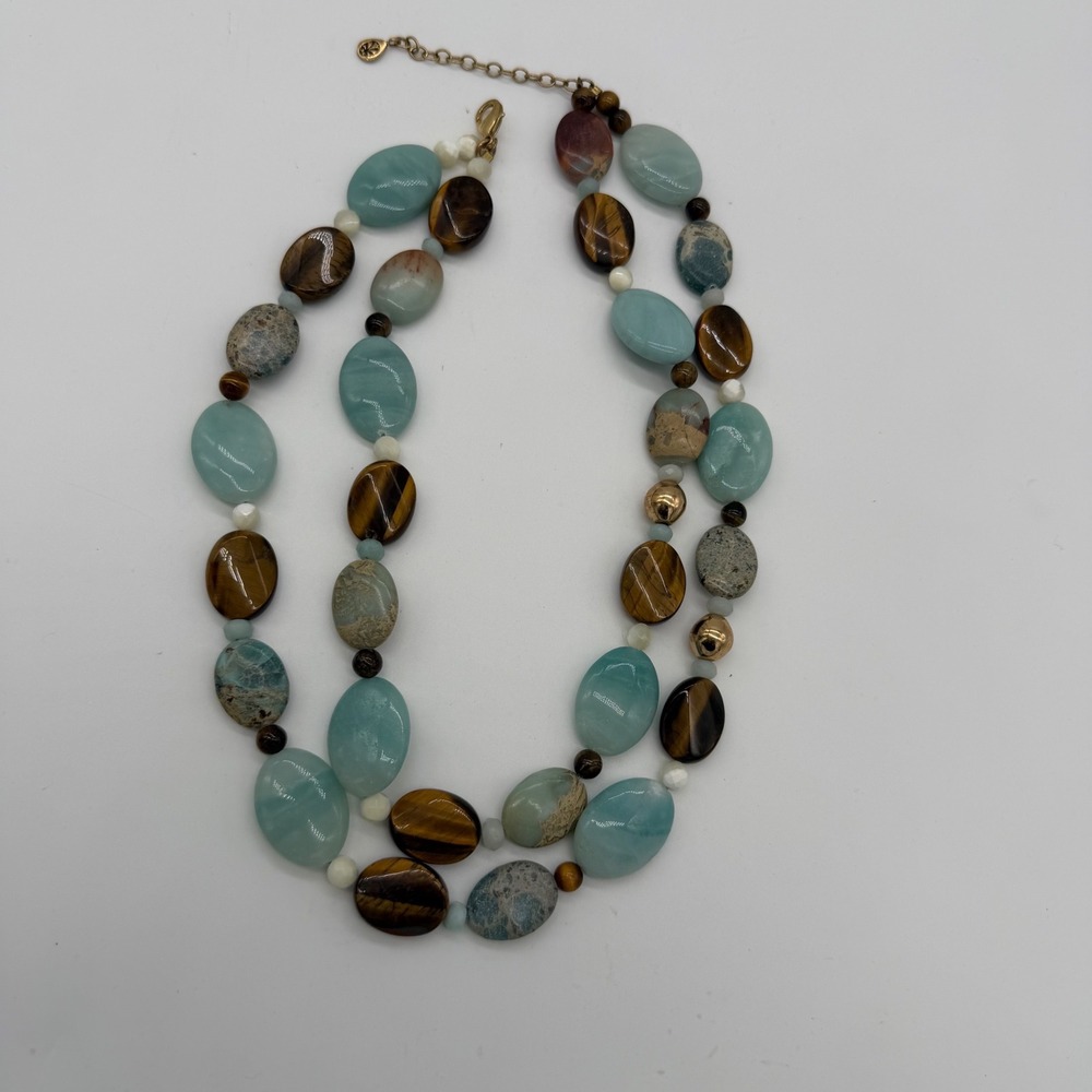 Barse Multi-Strand Beaded Necklace Tigers Eye Amazonite Jasper Gold Tone 20.5"